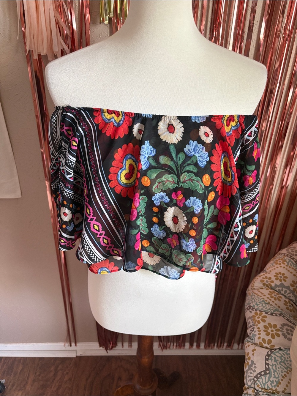 Show Me Your MuMu Black Multicolor Floral Off-Shoulder Crop Top